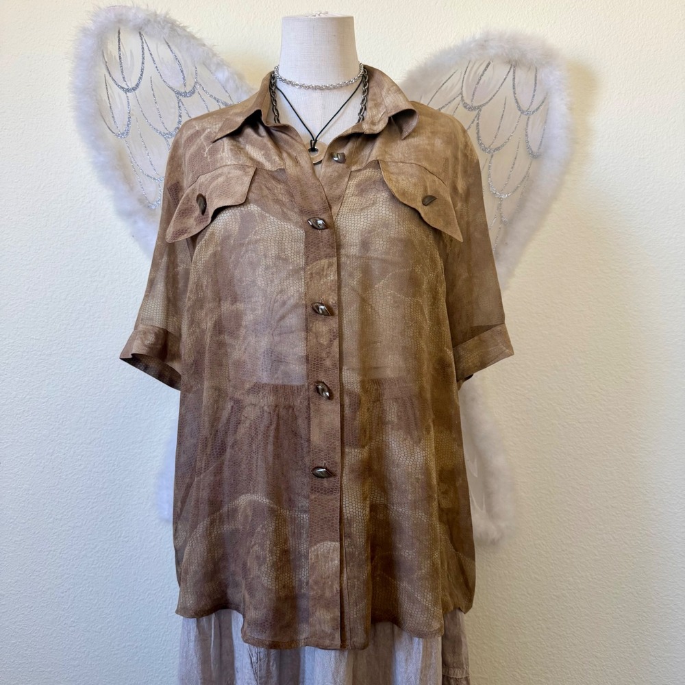 Cache 100% Silk Snakeskin Print Button Up Shirt Brown Sheer‎ Safari Top Large